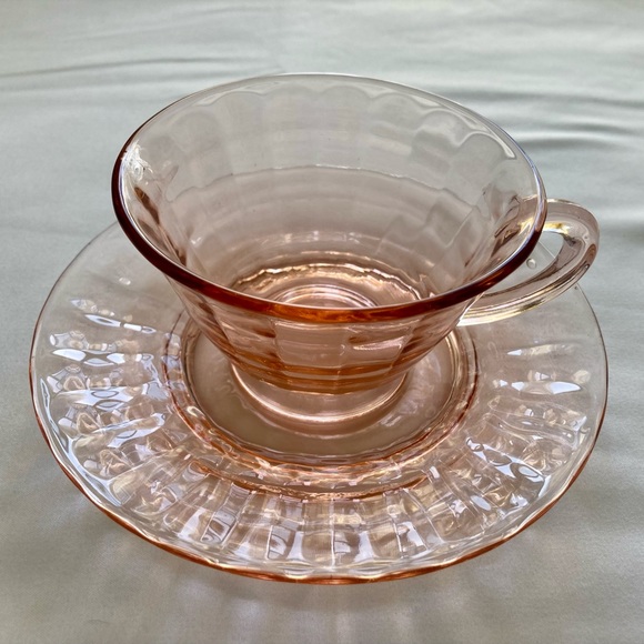 Depression Glass Pink Block Optic Teacups & Saucers - Picture 3 of 7